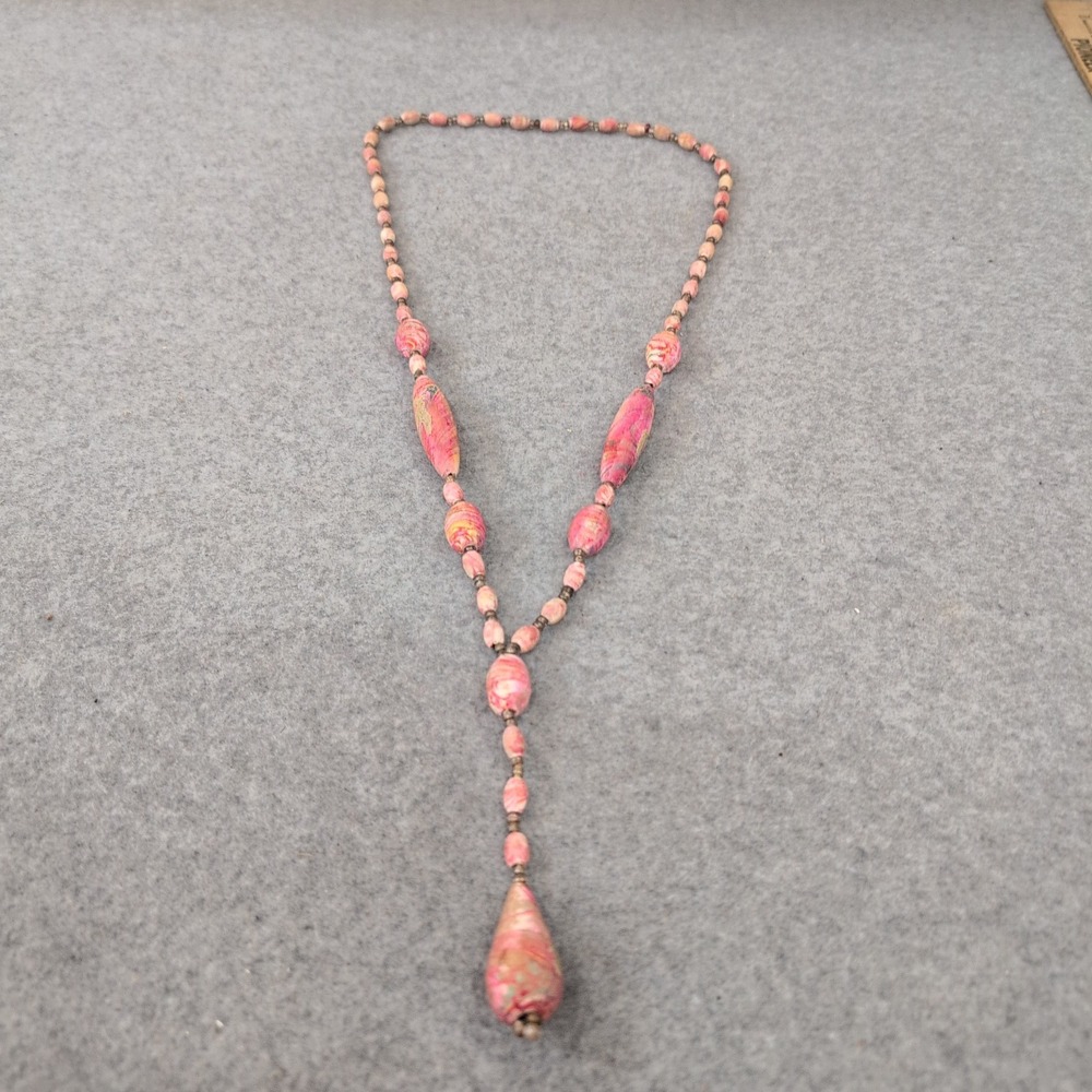 Handmade Beaded Necklace Pink Marbled Drop Pendant Y Necklace - Picture 2 of 6